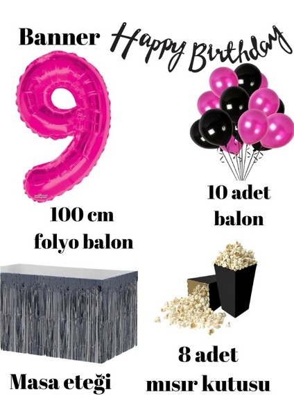 9 Yaş Pembe Balon Rakam Folyo Banner Mısır Kutusu Masa Eteği Doğum Günü Parti Seti fiyatları
