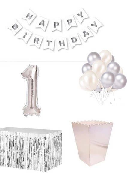 1 Yaş Beyaz Gümüş Balon Rakam Folyo Banner Mısır Kutusu Masa Eteği Doğum Günü Parti Seti