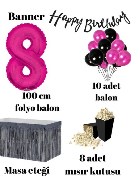 Parti Furyası 8 Yaş Pembe   Balon Rakam Folyo Banner Mısır Kutusu Masa Eteği Doğum Günü Parti Seti