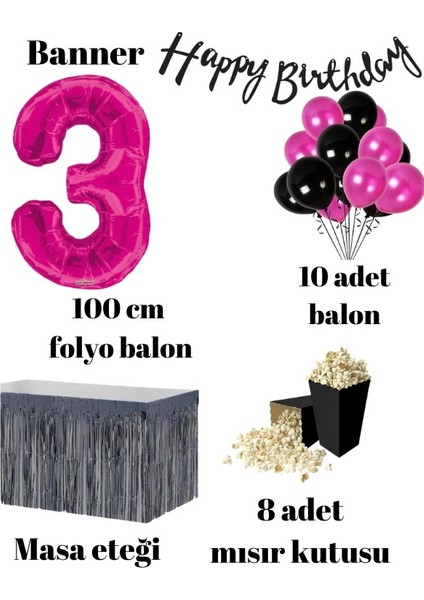 3 Yaş Pembe Balon Rakam Folyo Banner Mısır Kutusu Masa Eteği Doğum Günü Parti Seti fiyatları