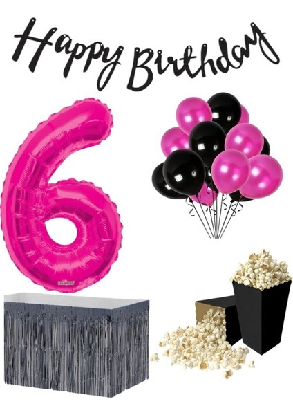 6 Yaş Pembe Balon Rakam Folyo Banner Mısır Kutusu Masa Eteği Doğum Günü Parti Seti