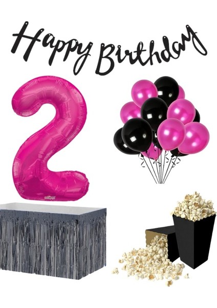 2 Yaş Pembe Balon Rakam Folyo Banner Mısır Kutusu Masa Eteği Doğum Günü Parti Seti