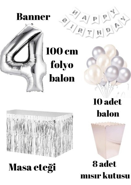 4 Yaş Beyaz Gümüş Balon Rakam Folyo Banner Mısır Kutusu Masa Eteği Doğum Günü Parti Seti fiyatları