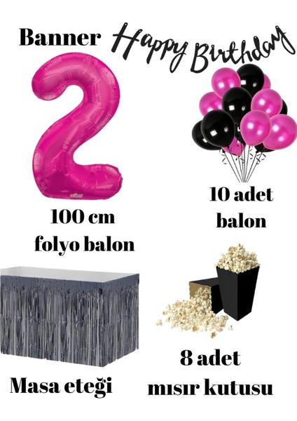 2 Yaş Pembe Balon Rakam Folyo Banner Mısır Kutusu Masa Eteği Doğum Günü Parti Seti fiyatları