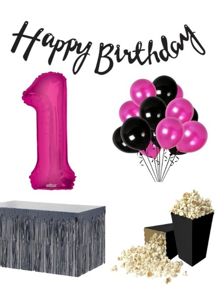 1 Yaş Pembe Balon Rakam Folyo Banner Mısır Kutusu Masa Eteği Doğum Günü Parti Seti