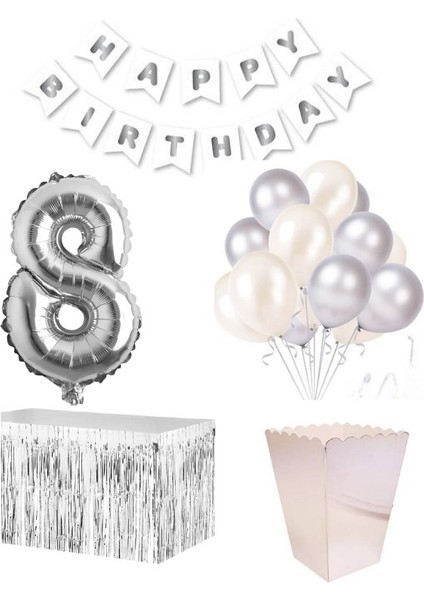 8 Yaş Beyaz Gümüş Balon Rakam Folyo Banner Mısır Kutusu Masa Eteği Doğum Günü Parti Seti
