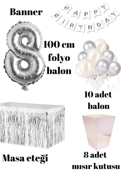 8 Yaş Beyaz Gümüş Balon Rakam Folyo Banner Mısır Kutusu Masa Eteği Doğum Günü Parti Seti fiyatları