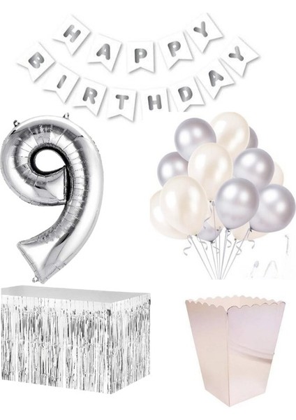 9 Yaş Beyaz Gümüş Balon Rakam Folyo Banner Mısır Kutusu Masa Eteği Doğum Günü Parti Seti