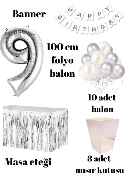 9 Yaş Beyaz Gümüş Balon Rakam Folyo Banner Mısır Kutusu Masa Eteği Doğum Günü Parti Seti fiyatları