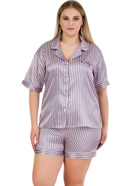 Büyük Beden Çizgili Desen Şortlu Saten Kumaş Lady Pijama Takımı modelleri