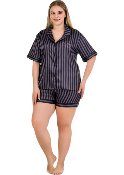 Büyük Beden Çizgili Desen Şortlu Saten Kumaş Lady Pijama Takımı