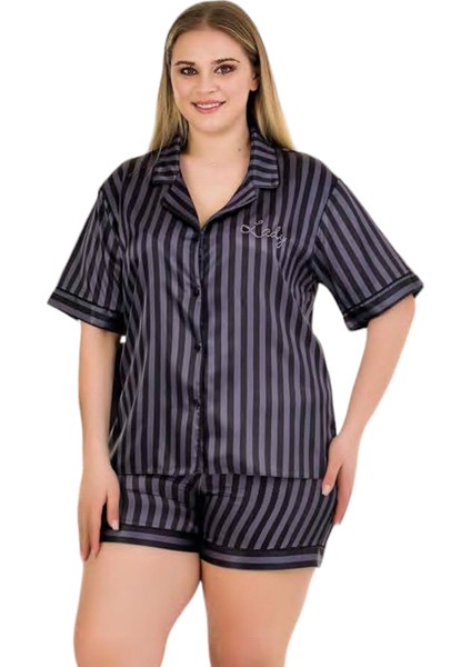 Büyük Beden Çizgili Desen Şortlu Saten Kumaş Lady Pijama Takımı modelleri