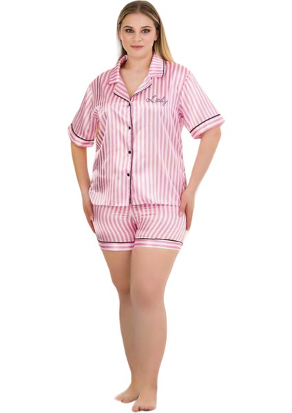 Büyük Beden Çizgili Desen Şortlu Saten Kumaş Lady Pijama Takımı
