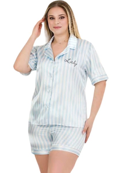 Büyük Beden Çizgili Desen Şortlu Saten Kumaş Lady Pijama Takımı modelleri