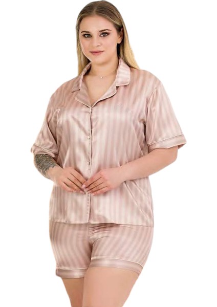 Büyük Beden Çizgili Desen Şortlu Saten Kumaş Lady Pijama Takımı modelleri