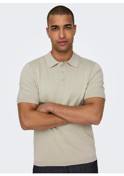Düz Açık Bej Erkek Polo T-Shirt Onswyler Lıfe Reg 14 Ss Polo Knıt N