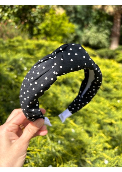 BYM481 Kadın Kumaş Düğümlü Siyah Beyaz Puantiyeli Saç Bandı Taç modelleri