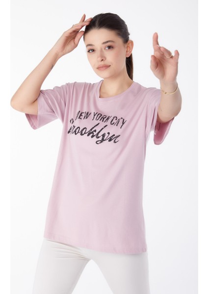 Düz Bisiklet Yaka Kadın Pembe Baskılı Kısa Kollu T-Shirt - 25386