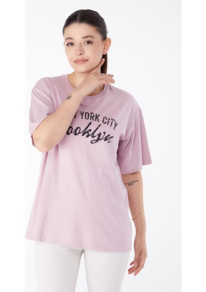 Düz Bisiklet Yaka Kadın Pembe Baskılı Kısa Kollu T-Shirt - 25386