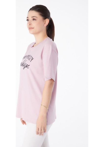 Düz Bisiklet Yaka Kadın Pembe Baskılı Kısa Kollu T-Shirt - 25386