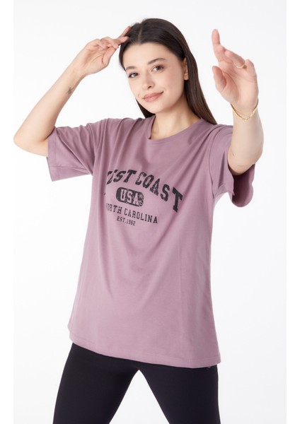 Düz Bisiklet Yaka Kadın Mürdüm Baskılı Kısa Kollu T-Shirt  - 25391