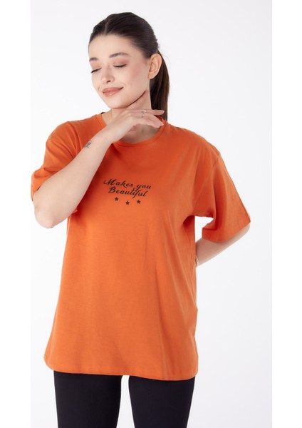 Düz Bisiklet Yaka Kadın Turuncu Baskılı Kısa Kollu T-Shirt - 25393