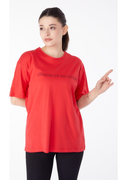 Düz Bisiklet Yaka Kadın Kırmızı Baskılı Kısa Kollu T-Shirt - 25394