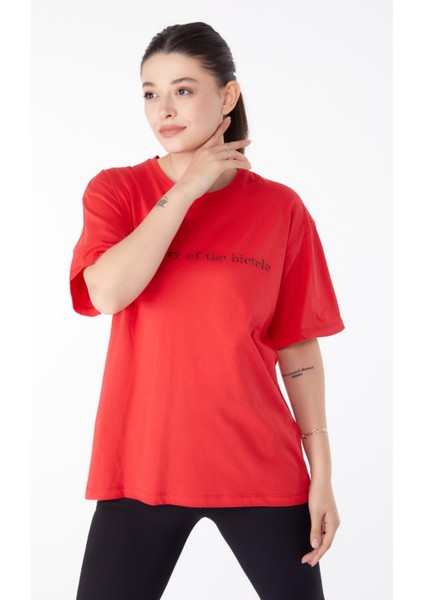 Düz Bisiklet Yaka Kadın Kırmızı Baskılı Kısa Kollu T-Shirt - 25394