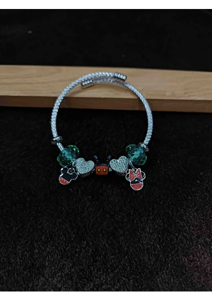 Pandora, Charmlı, Kırmızı Mickey ve Minnie Mouse Çelik Bileklik