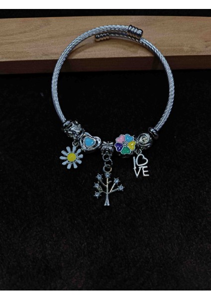 Pandora, Charmlı, (Love) Çiçekli Çelik Bileklik