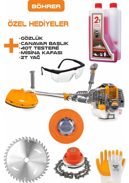 15HP /h Yan Tipi Benzinli Ot Çalı Çim Biçme Tırpan Makinesi + Canavar+Yağ+Gözlük+Eldiven