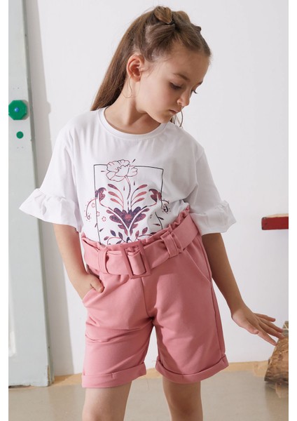 Pembe Çiçek Baskılı Kuşaklı Şortlu Kız Çocuk Takım 18899 fiyatları