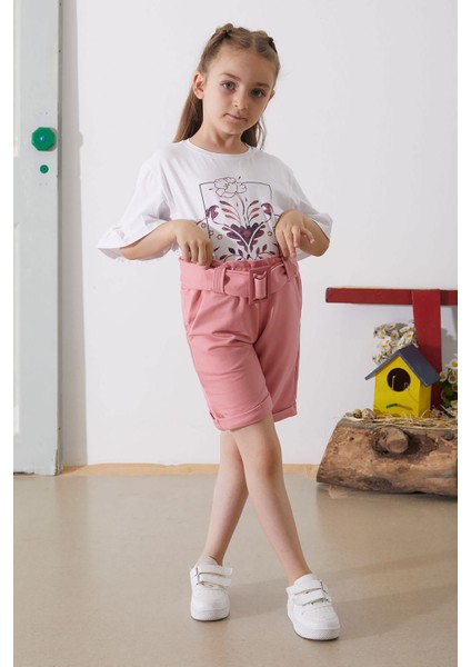 Pembe Çiçek Baskılı Kuşaklı Şortlu Kız Çocuk Takım 18899 modelleri