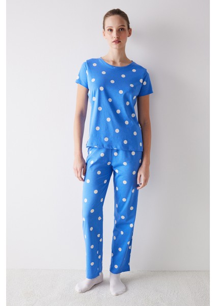 White Dotted Pantolon Pijama Takımı