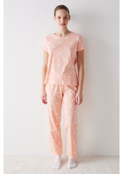 Peach Dotted Pantolon Pijama Takımı