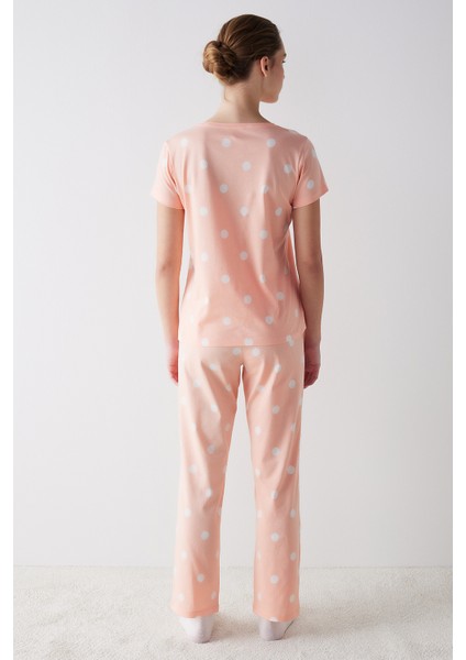 Peach Dotted Pantolon Pijama Takımı