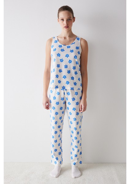 Blue Floral Ekru Pantolon Pijama Takımı
