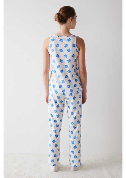 Blue Floral Ekru Pantolon Pijama Takımı indirimleri