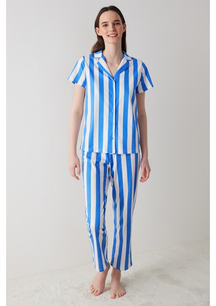 Ent Mixed Stripes Mavi Gömlek Pantolon Pijama Takımı
