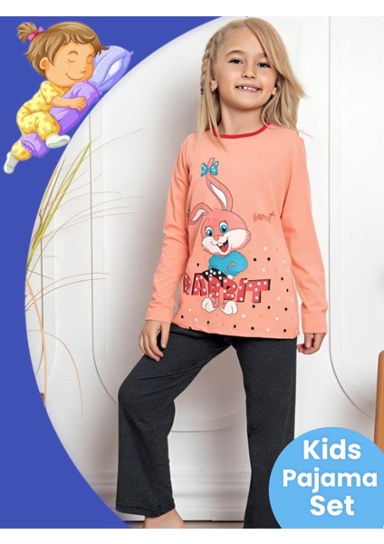 Kız Çocuk Pamuklu Uzun Kollu Desenli Pijama Takımı