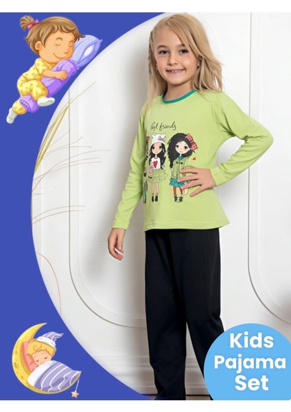 Kız Çocuk Pamuklu Uzun Kollu Desenli Pijama Takımı