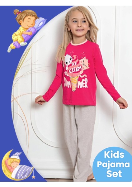 Kız Çocuk Pamuklu Uzun Kollu Desenli Pijama Takımı