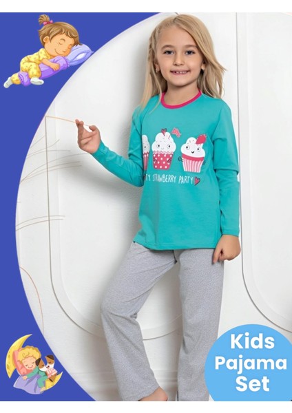 Kız Çocuk Pamuklu Uzun Kollu Desenli Pijama Takımı