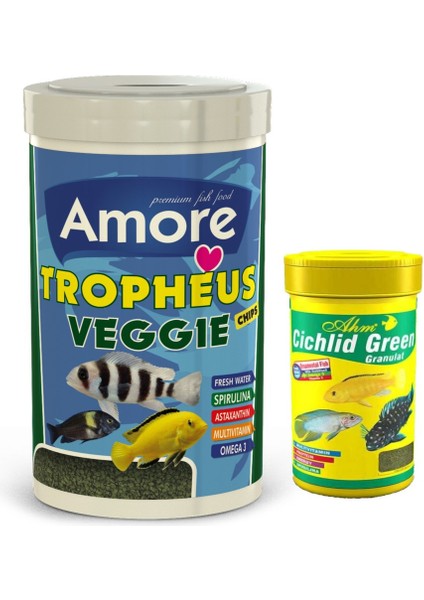 Tropheus Veggie 1000ml, Ahm Cichlid Green 250ml Kutu Balık Yemi