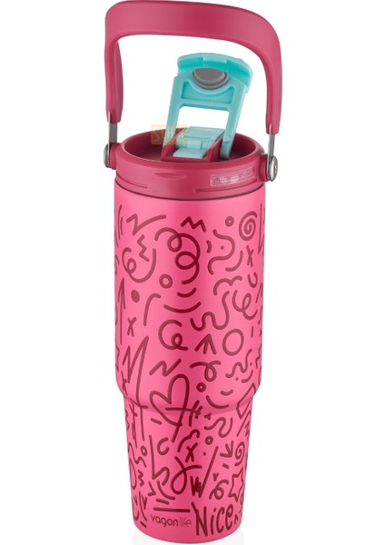 900ML Desenli Pipetli/pipetsiz Çift Içim Kulplu Kahve Bardağı/mug Paslanmaz Çelik Termos