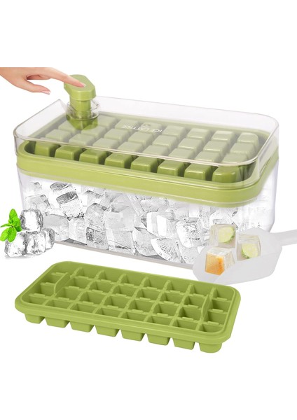 Kapaklı Buz Küpü Tepsisi ve Kepçeli Kare Buz Küpleri Saklama Kutulu Kalıplar Buz Yapıcı Dondurucu Için Tepsiler Konteynerli ve Viski, Kokteyl Için Çıkarılabilir Kapak (Yeşil) (Yurt Dışından)