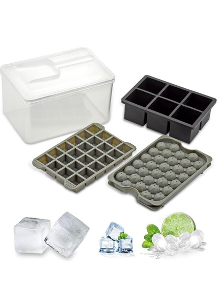 Kapaklı ve Kutulu Buz Küpü Tepsisi, 2" Büyük Kare Buz Küpü Kalıbı +1 Paket Küçük Yuvarlak Buz Küpü Tepsileri +1 Paket Dondurucu Için Küçük Kare Buz Küpü Tepsileri (3 Paket+Kepçe) (Yurt Dışından)