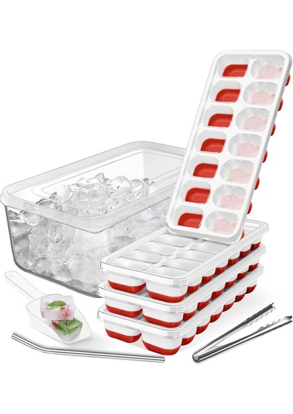 Cke Kapaklı ve Kutulu Buz Küpü Tepsisi (4 Paket, Kırmızı) Dondurucu Için Silikon Plastik Buz Küpü Tepsileri, Bpa Içermeyen Kutulu Buz Tepsileri, Buz Kepçesi, Buz Maşası ve Içme Pip (Yurt Dışından)
