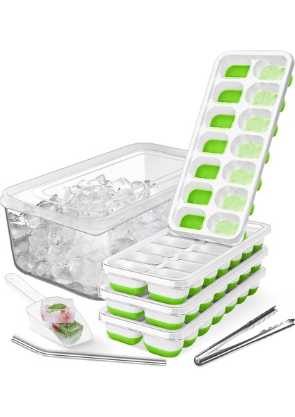 Cke Kapaklı ve Kutulu Buz Küpü Tepsisi (4 Paket, Yeşil) Dondurucu Için Silikon Plastik Buz Küpü Tepsileri, Bpa Içermeyen Kutulu Buz Tepsileri, Buz Kepçesi, Buz Maşası ve Içme Pipet (Yurt Dışından)