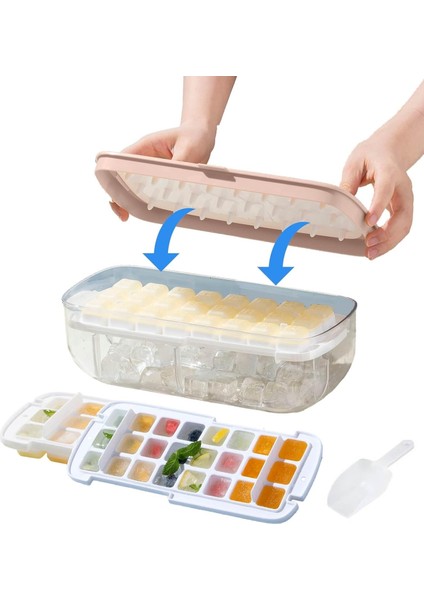 Dondurucu Için Kapaklı ve Hazneli Kolay Açılır Buz Küpü Tepsisi, Her Biri 24 Yuvalı 2 Tepsi (Toplam 48 Yuva), Yüksek Kapasiteli Ev Yapımı Buz Küpü Yapımcısı Kutusu (Pembe) (Yurt Dışından)